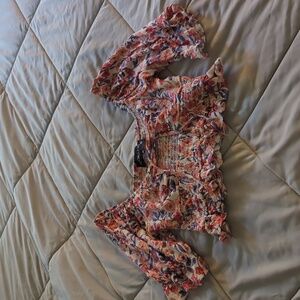 KENDALL + KYLIE Floral Smocked Crop Top Puff Sleeve Boho Blouse M